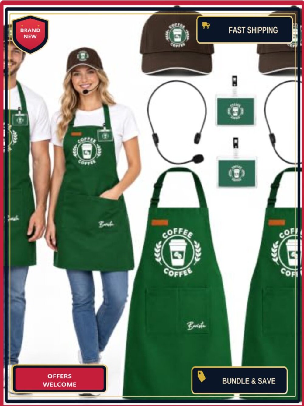 Barista Halloween Costume Set Apron Cap Name Tag